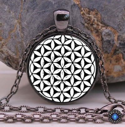 Sacred Geometry Flower of Life Pendant Necklace Black Gun Plated Necklace