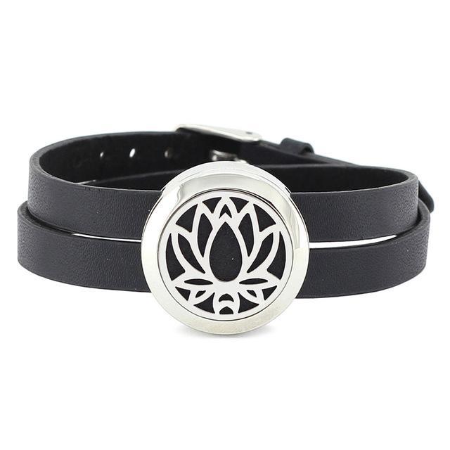 Stainless Steel Aromatherapy Leather Wrap Bracelet Lotus Bracelet