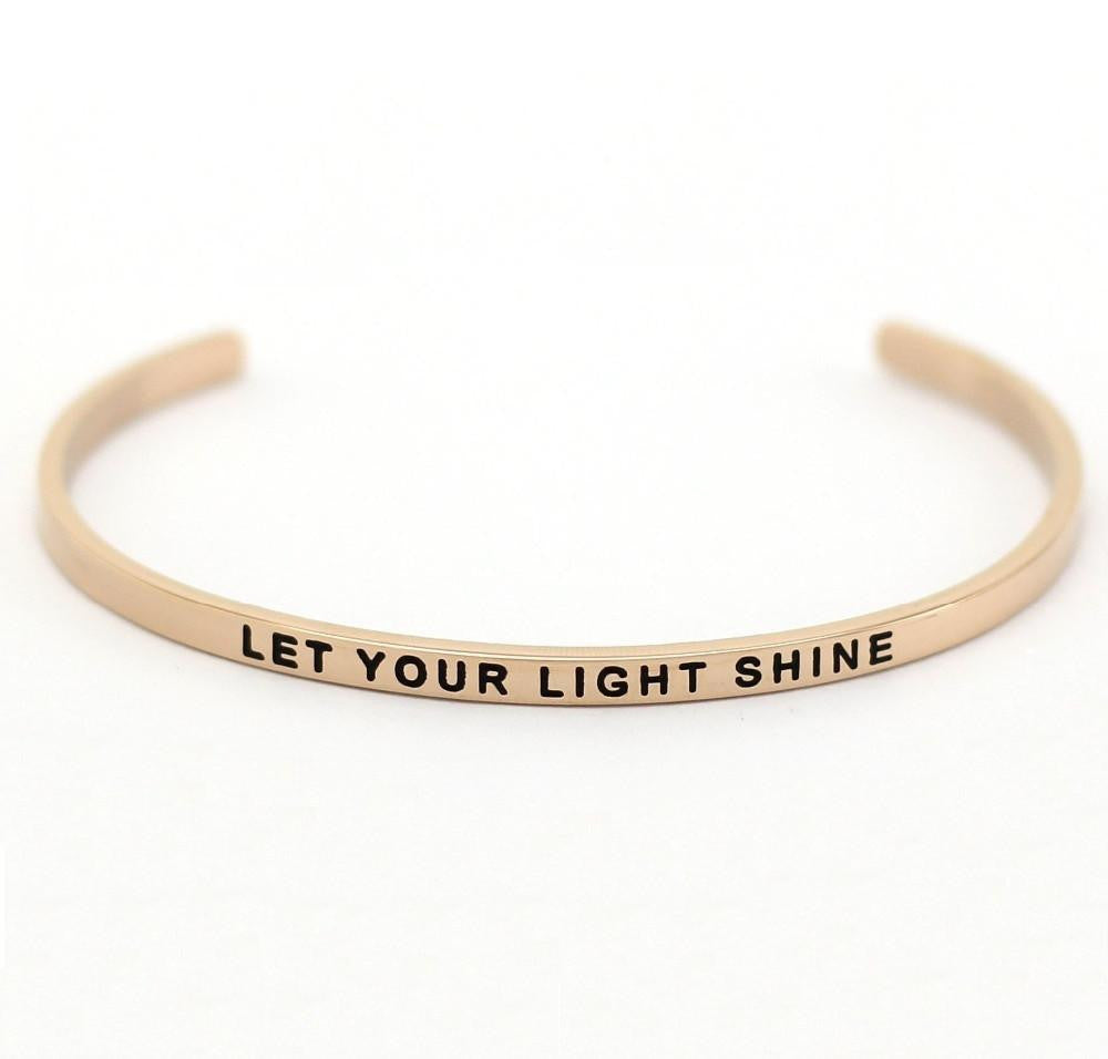 Stainless Steel Engraved "LET YOUR LIGHT SHINE" Adjustable Inspirational Bangle Rose Gold Bracelet