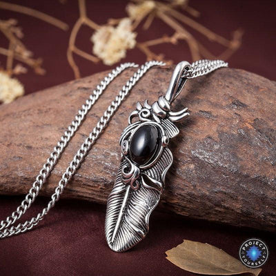 Stainless Steel Gem Stone Feather Pendant Necklace Black / Ball Chain Necklace