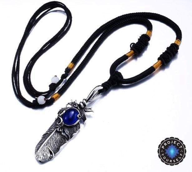 Stainless Steel Gem Stone Feather Pendant Necklace Blue / Ball Chain Necklace