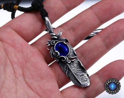 Stainless Steel Gem Stone Feather Pendant Necklace Necklace