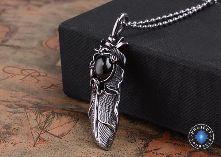 Stainless Steel Gem Stone Feather Pendant Necklace Necklace