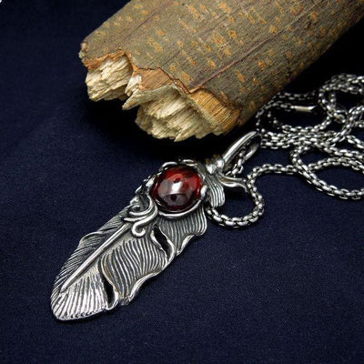 Stainless Steel Gem Stone Feather Pendant Necklace Red / Ball Chain Necklace