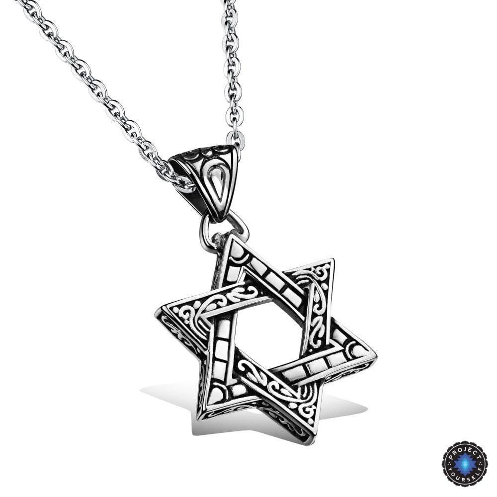 Stainless Steel Paisley Detailed Six-Point Star Pendant Necklace Thin Chain Necklace