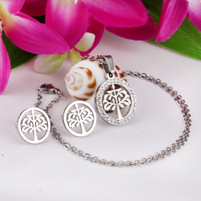 Stainless Steel Tree of Life Necklace and Earrings Set Jewelry Set