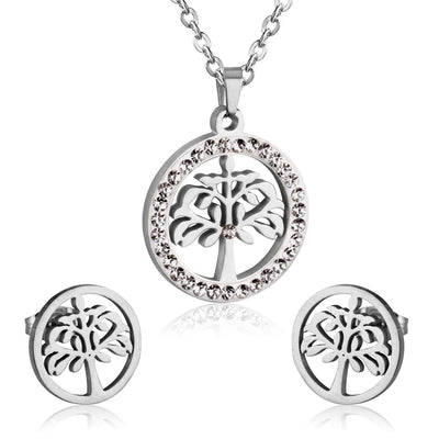 Stainless Steel Tree of Life Necklace and Earrings Set Silver Jewelry Set