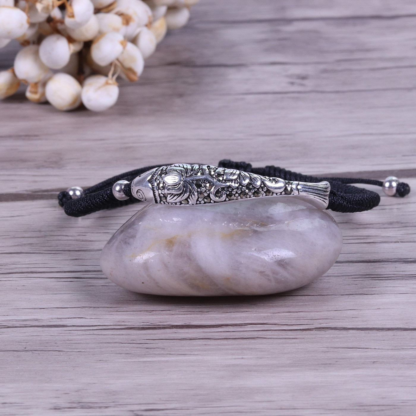 Sterling Silver Lucky Fish Buddhist Knots Rope Bracelet Black Bracelet