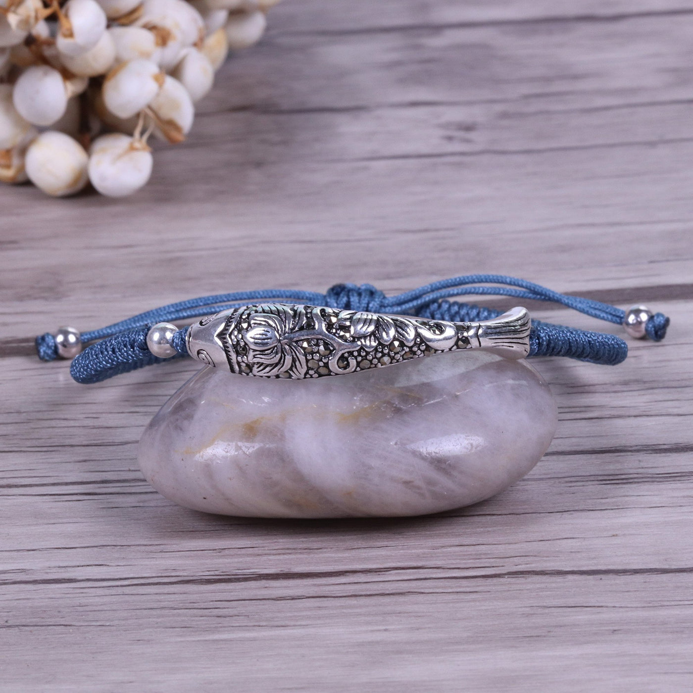 Sterling Silver Lucky Fish Buddhist Knots Rope Bracelet Blue Bracelet