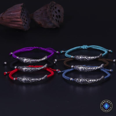 Sterling Silver Lucky Fish Buddhist Knots Rope Bracelet Bracelet