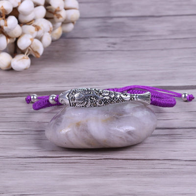 Sterling Silver Lucky Fish Buddhist Knots Rope Bracelet Purple Bracelet