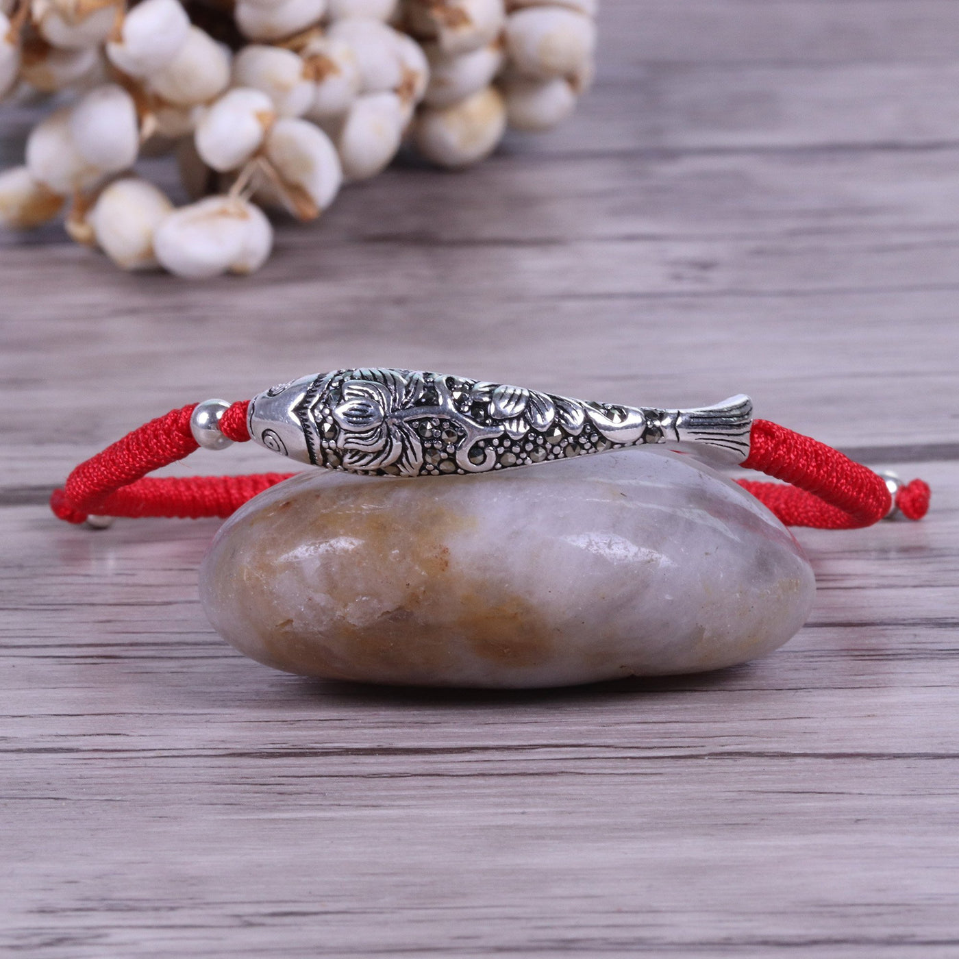 Sterling Silver Lucky Fish Buddhist Knots Rope Bracelet Red Bracelet