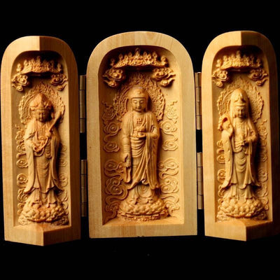 Three Sided Opening Cylinder Carved Wooden Buddha 7cm | 2.76in high Buddha Statue