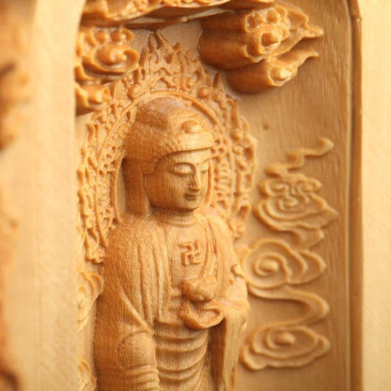 Three Sided Opening Cylinder Carved Wooden Buddha Buddha Statue