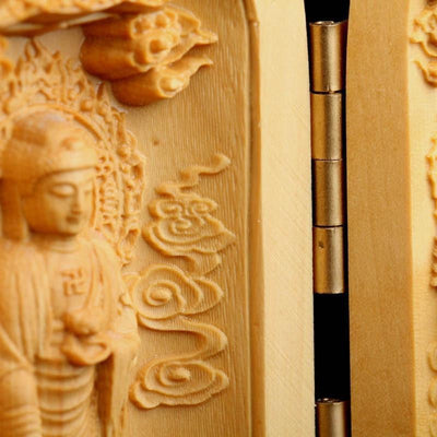 Three Sided Opening Cylinder Carved Wooden Buddha Buddha Statue