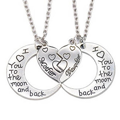 Two-Part Heart "I Love You To The Moon And Back" Crescent Moon Mother-Daughter Pendant Necklace Set Necklace