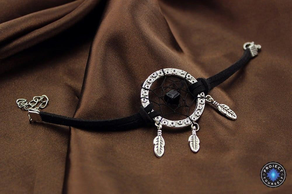 Vintage Double Leather Strap Beaded Silver Dream Catcher Bracelet Bracelet