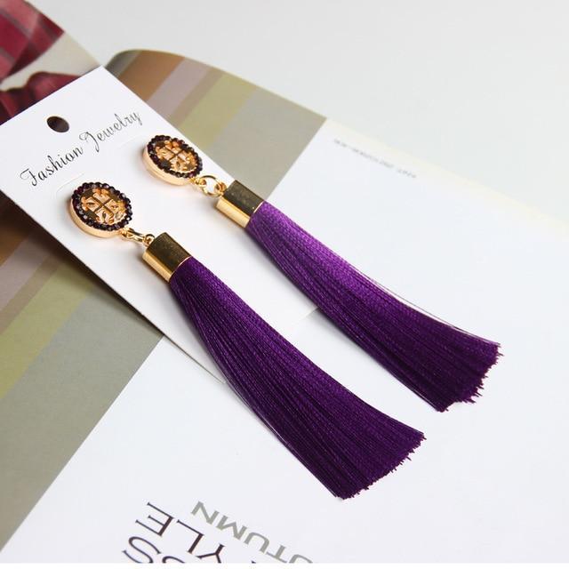 Vintage Rose Crystal Tassel Earrings Cross - Purple Earrings
