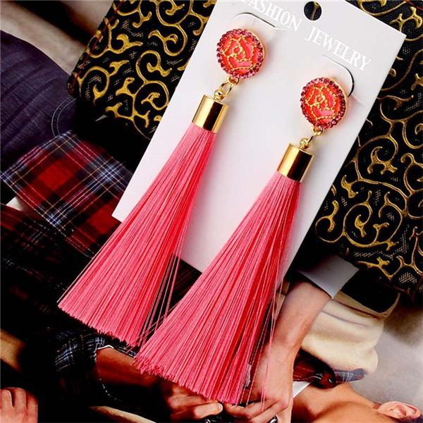 Vintage Rose Crystal Tassel Earrings Rose - Pink Earrings
