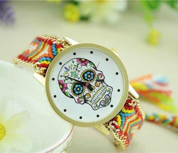 Woven Braided Bracelet Sugar Skull Watch Yellow Watch