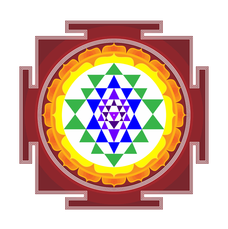 The Sri Yantra. Nine enclosures nested from the outer square inward: a square with four gates, a sixteen-petal lotus, an eight-petal lotus, then the interlocking triangles that form the fourteen, ten, ten and eight triangle enclosures, the primary triangle, and the bindu at the centre. Each enclosure is painted a different colour, running root-chakra red on the outside to the pale centre.