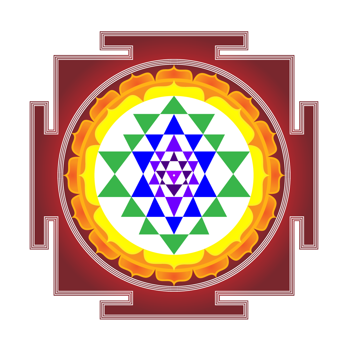 The Sri Yantra, nine interlocking triangles around a central bindu, enclosed by lotus petals and the outer bhupura